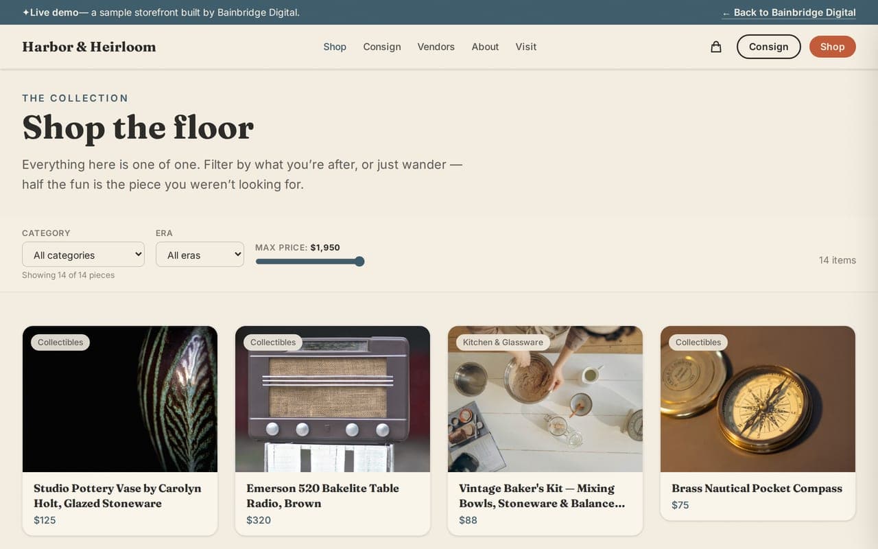 Harbor & Heirloom — A vintage & antiques consignment storefront.